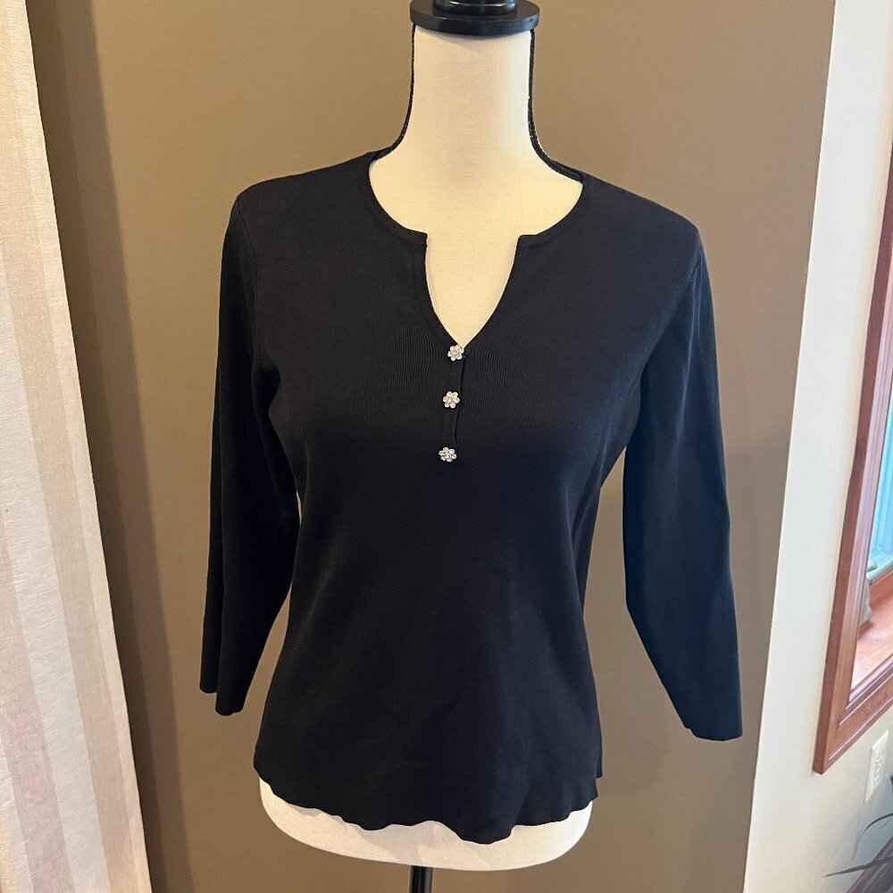 Talbots Black Silk Blend Sweater with Flower crystal like button, Size Medium